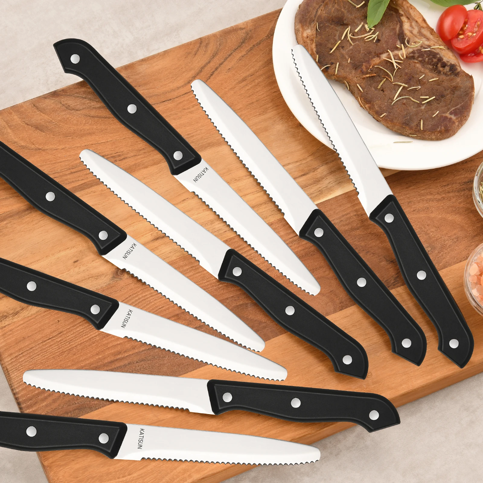 Katisun 12 Pcs 4.5 Inch Round Tip Serrated Steak Knife Set POM Triple Rivet Handle Dishwasher Safe Home Restaurant - view 5