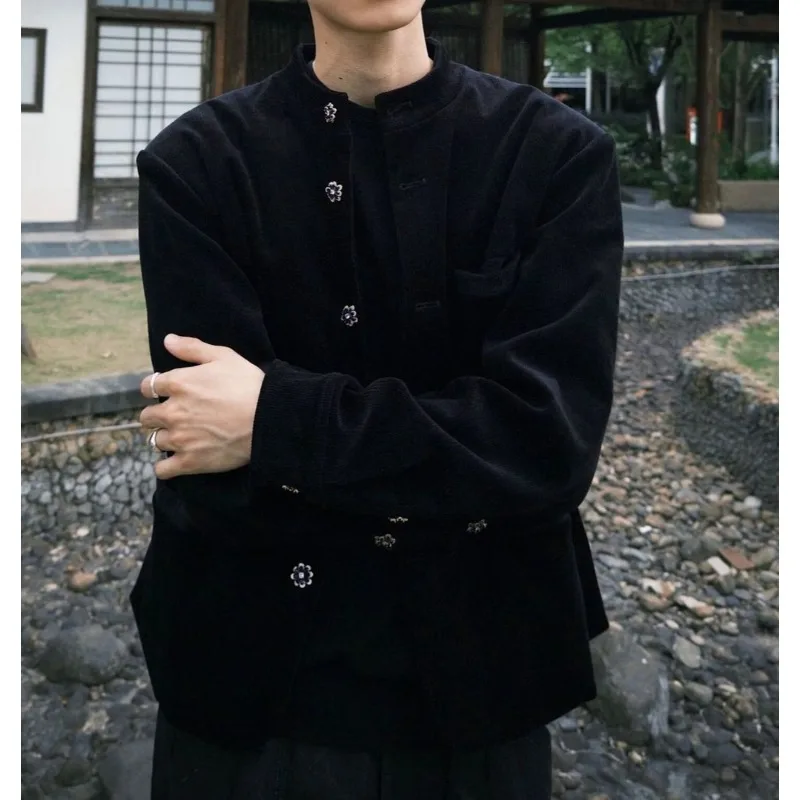 Spring and Autumn Coat Black Corduroy High Intelligence Elegant High Sense Simple New Chinese Stand-up Collar Jacket Men