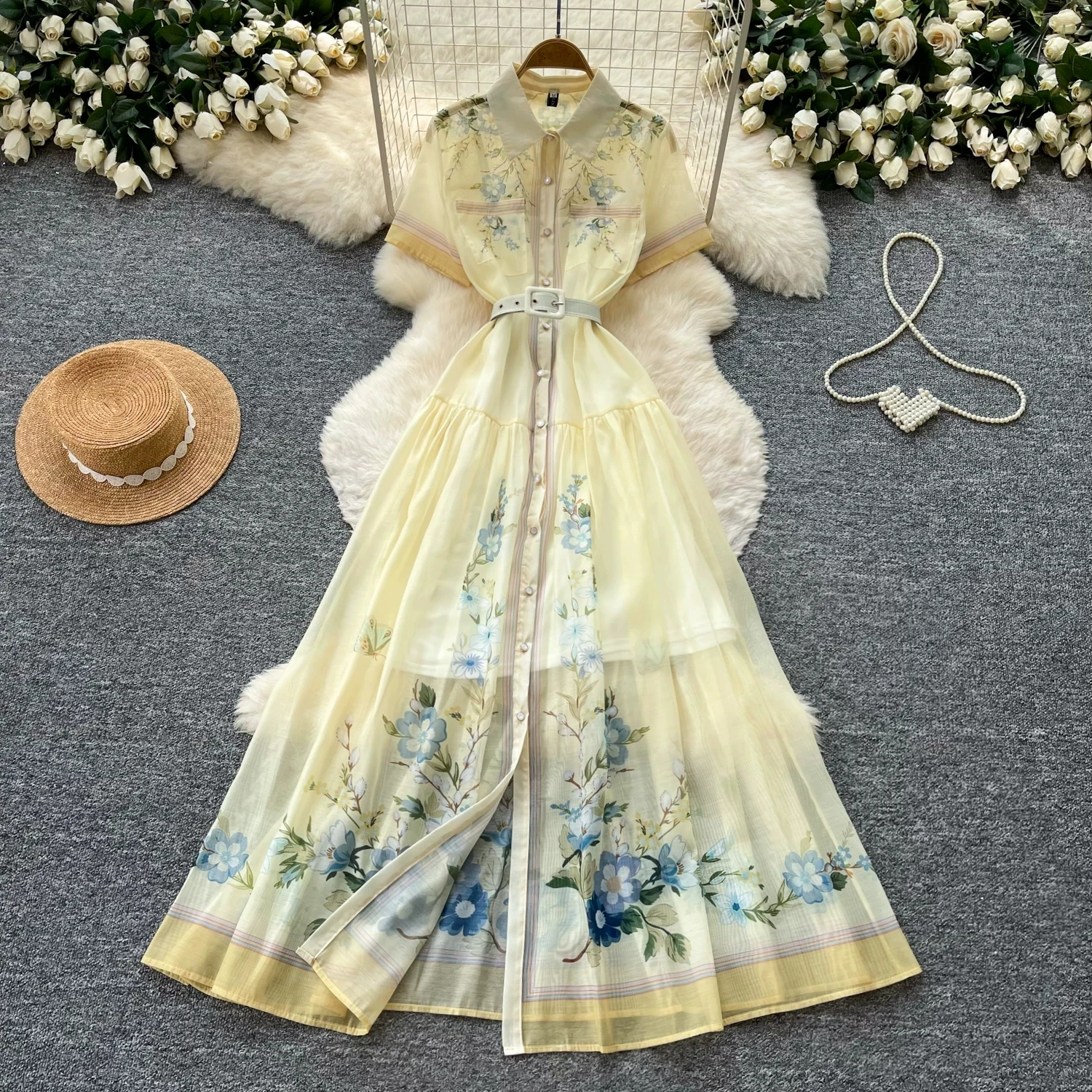 Boho Blumenmuster Langes Hemdkleid für Damen Sommer Revers Kurzarm Gürtel Hohe Taille A-Linie Urlaub Maxikleid Vintage Strand