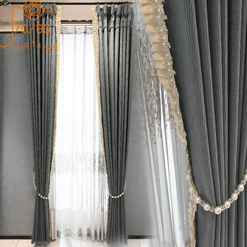 

Grey Window Screen Jacquard Cotton Splicing Curtains for Living Room Bedroom French Window Balcony Bay Window Customized