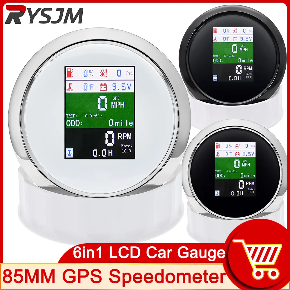 

AD 6in1 Multi-functional Digital Gauge 85mm GPS Speedometer Tachometer Oil Pressure Fuel Level Gauge 9-32V Boat Car Motorcycle
