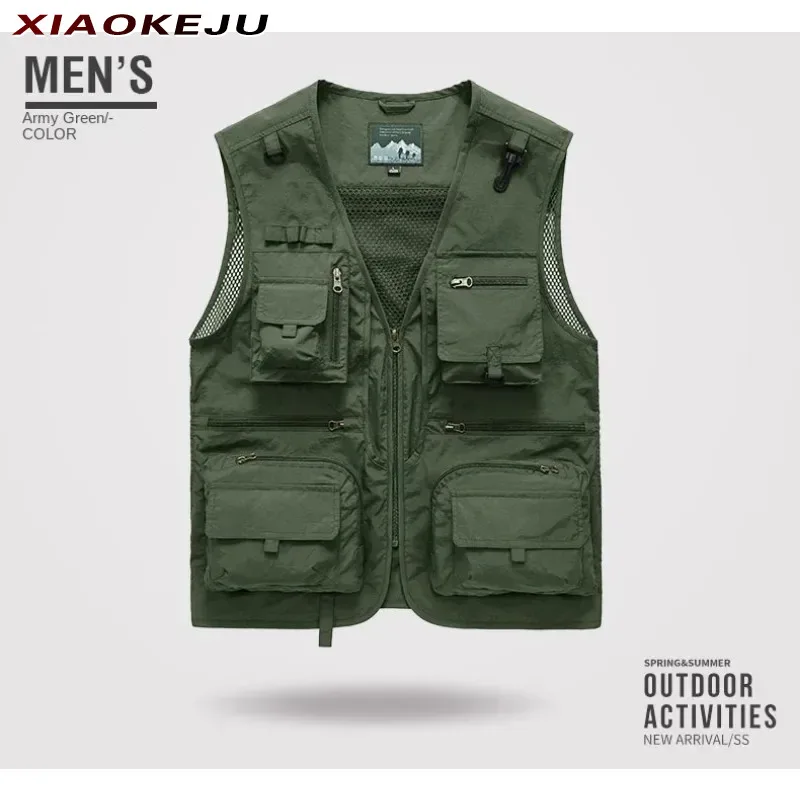 Vest Men Windbreaker Fishing Clothing Hunting Coats Work Waterproof Multi Pocket Sleeveless Jacket Camping Plus Size Outerwear