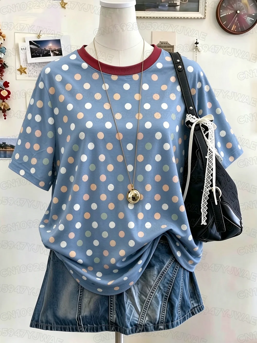 Summer Women's Y2K Polka Dot Print Casual Oversized Round Neck Drop Shoulder Short Sleeve T-shirt Street Casual Sports
