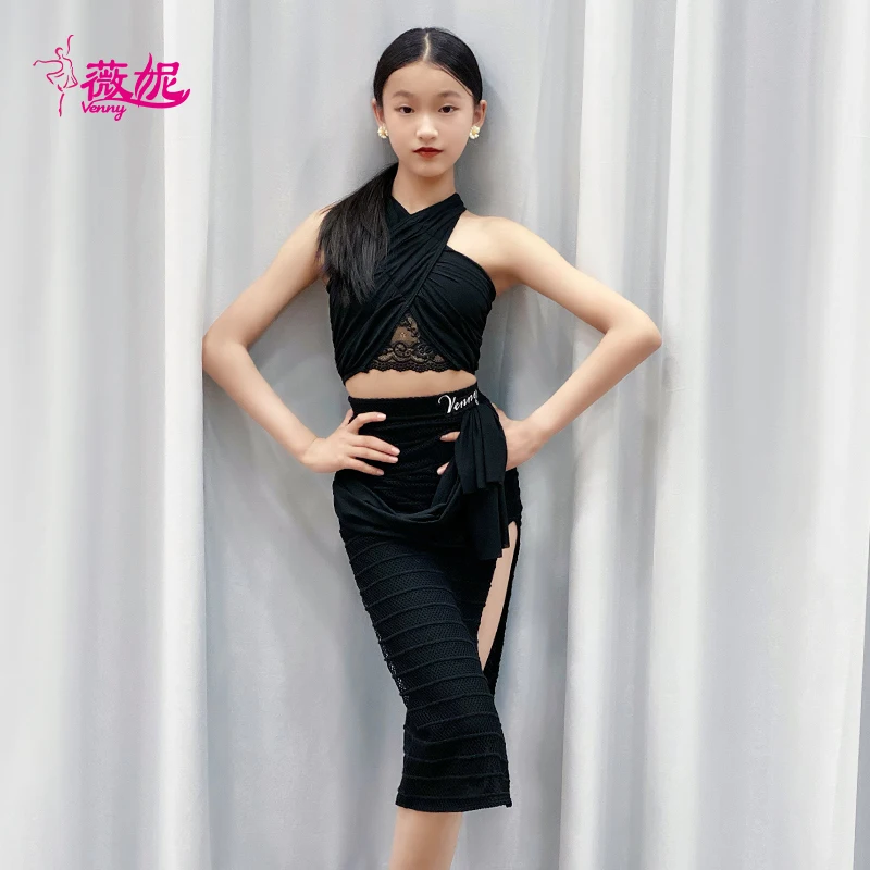 Vennystyle Abito da ballo latino per ragazze Set premium in due pezzi Top senza maniche e gonna da ballo per esercitazioni di allenamento