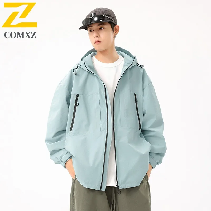 

COMXZ 2025 Men Windbreaker Waterproof Jacket Autumn Spring Color Block Hooded Casual Coat Loose Fit Fashion Outdoor