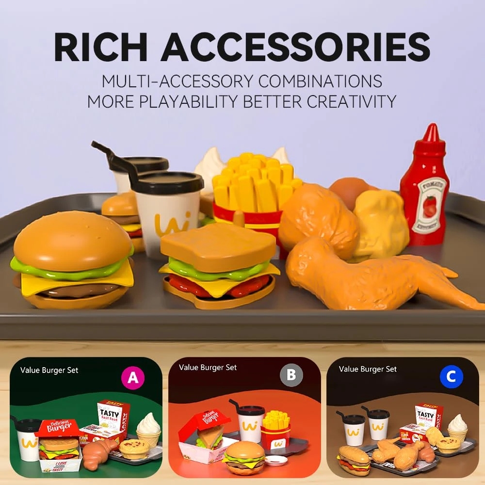 WizKidz Kids Play House Food Set with Burgers Fries Chicken Wings Cash Register & Water Dispenser for Endless Fun Boys & Girls