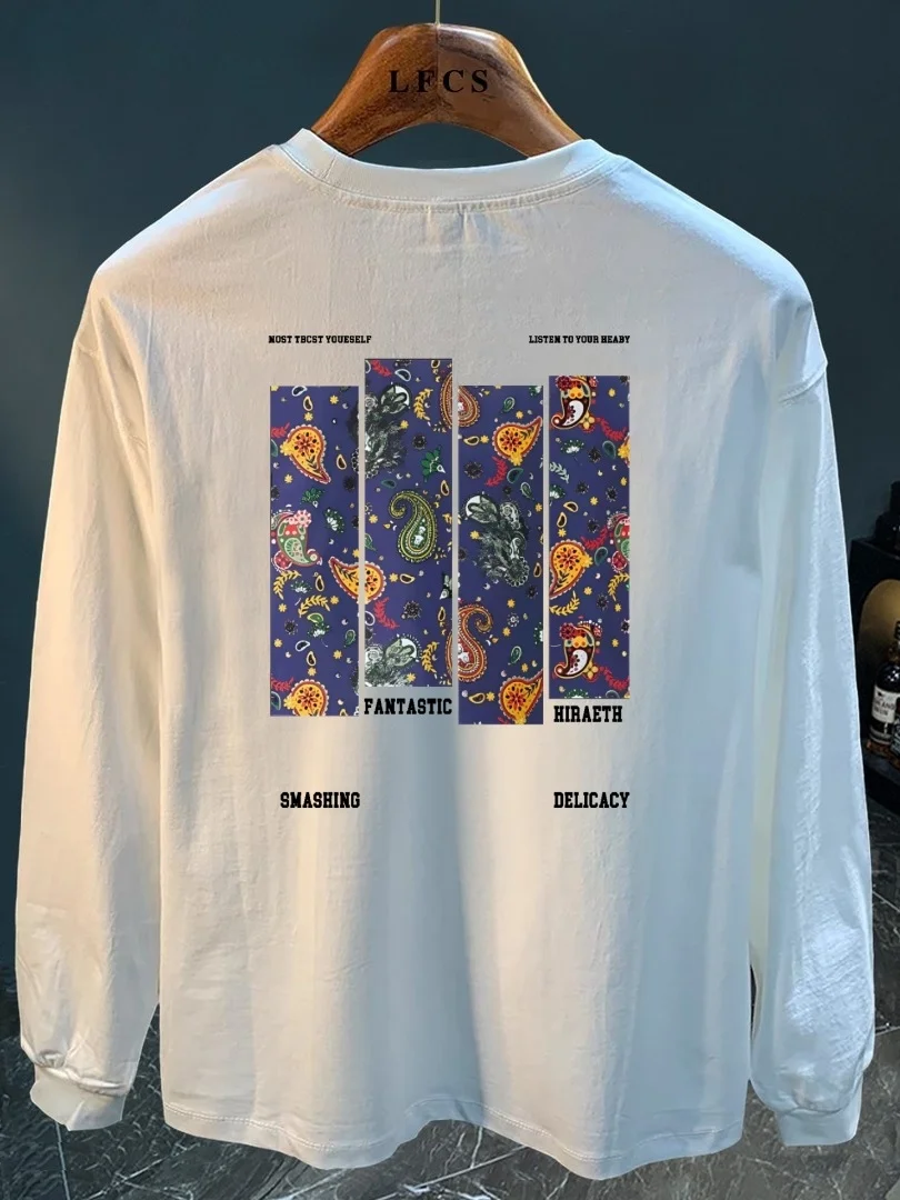 

American Sle Long Sve Pure Cotton Casual T-irt ex Spring Autumn Faion Print aphic Tee Youth ular round Ne