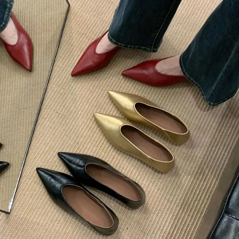

Gold High Heels Black Shoes Woman Pointed Toe Flats Low Heels Lazy Shoes Summer Ladies Pumps Mary Jane Schuhe Damen 2025