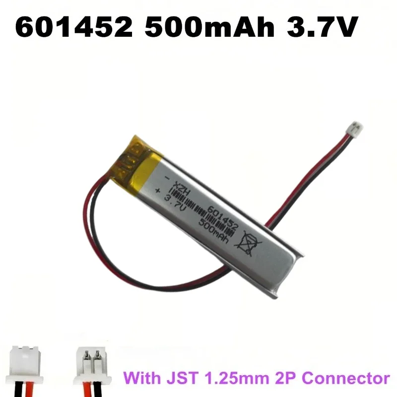 For Bluetooth Speaker Headset MP3 LED Light 601452 3.7V 500mAh Li-polymer Rechargeable Battery With JST 1.25mm 2P Plug