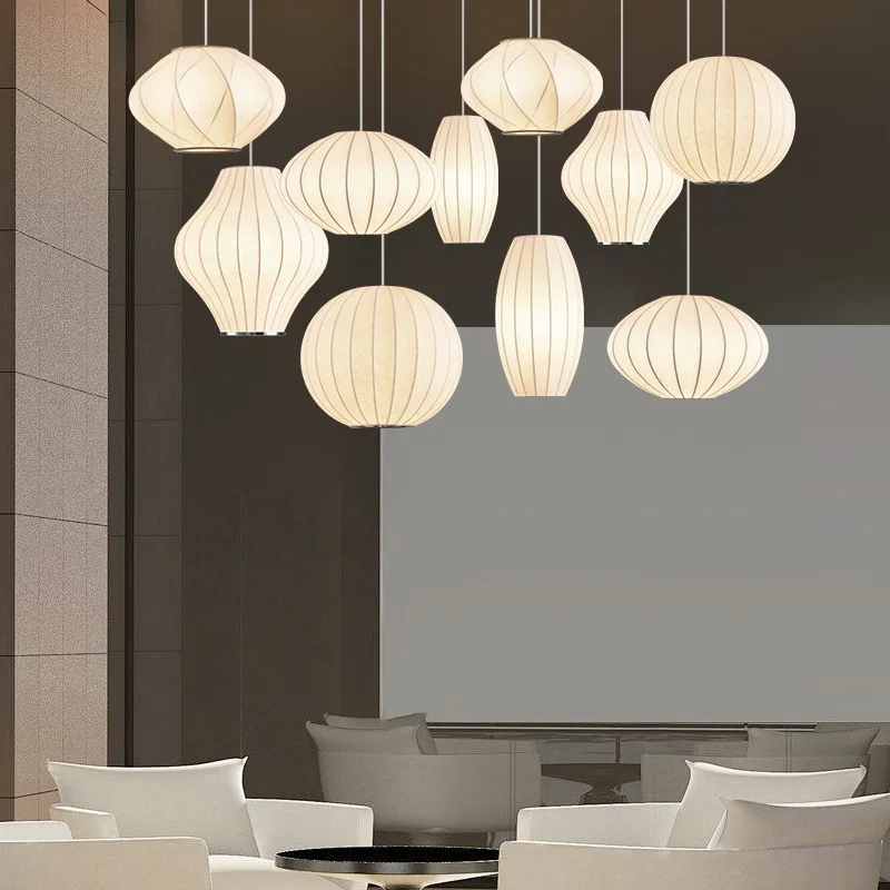 Japanese Wabi-sabi Silk LED Pendant Lamp 3 Color Change Chandelier Minimalist Hanging Light Dining Room Home Lighting