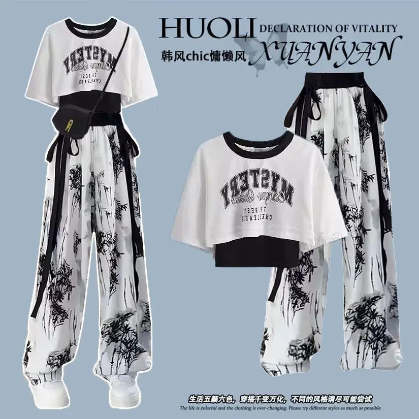 Summer Women\'s Set Korean Loose Folding True Two Piece T-shirt+Ink Painting Thin Wide Leg Pants Two Piece Set Trendy