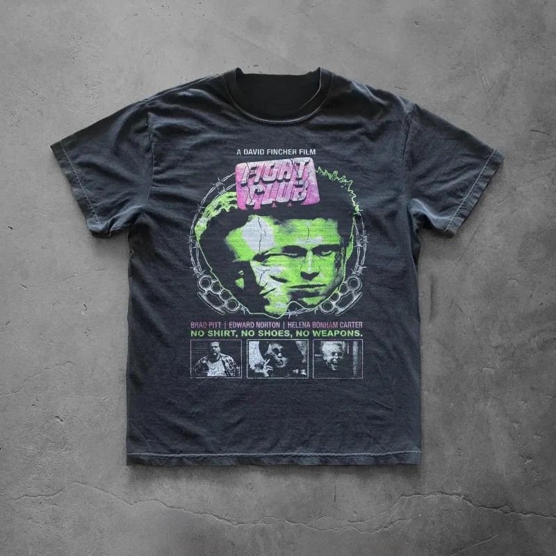 Fight Club Movie Graphic Men Women T‑Shirt Vintage Washed Cult Film Retro Portrait Print Crew Neck Cotton Short Sleeve Tees Tops
