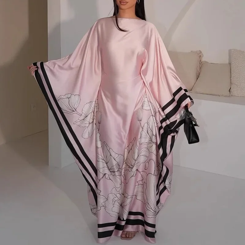 Elegant Shawl Sleeve Party Dress Elegant O-neck Pattern Print Loose Robe Dress Women Fashion Hight Waist Satin Long Dress