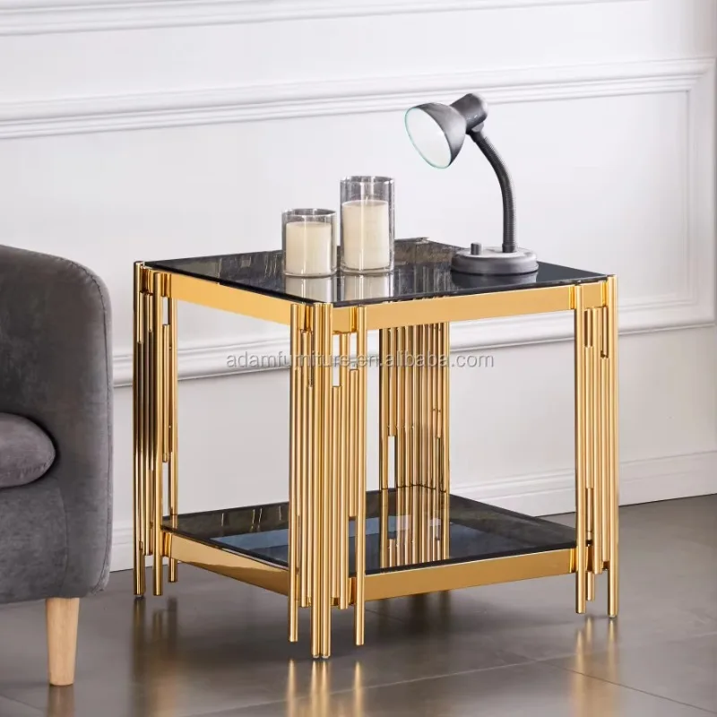 Modern Stainless Steel Gold Marble Glass Top Coffee Table Sofa Side Table With Titanium Plating Gold Stainless Steel
