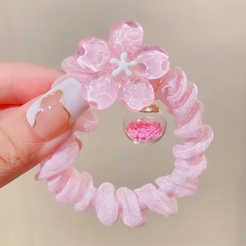 Pink Cherry Blossom Hair Rope Sweet Flower Hair Ring Acrylic Fabric Elastic Scrunchies Fashion Jewelry Hair Accessories for Girl