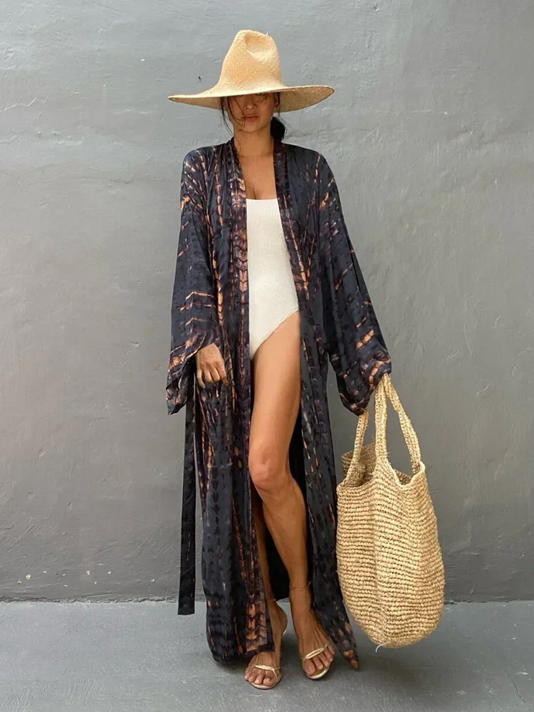 Nuevo Bikini Cover-Ups mujer playa cubrir Chic Tie Dye impreso cuello en V con cordones de talla grande playa vestido largo verano 2025 moda