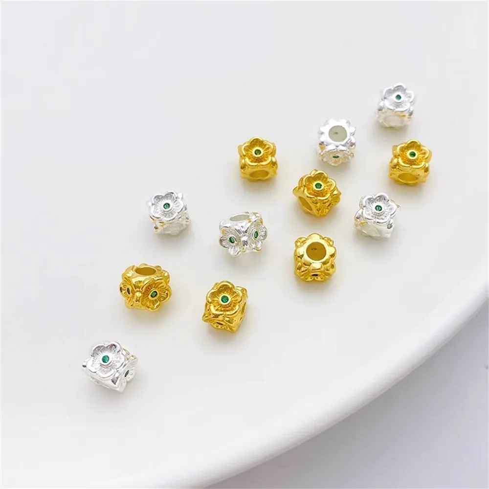 18K Gold Silver Micro Inlaid Green Zircon Square Flower Separated Bead Handmade DIY Bracelet Necklace Accessories L246