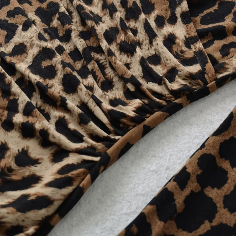 Retro Sle-riem met taille, uitlopende mouwen, V-hals, lange mouwen, gekruist strikontwerp, boting-top voor dames, luipaardprint