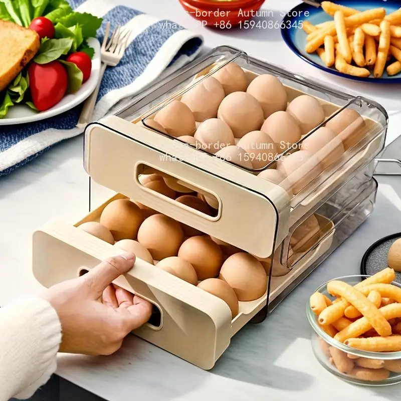 1pc Kitchen Egg Storage Box Refrigerator Fresh Plastic 2-Layer Drawer Type Large Capacity Storage Home Kitchen Organizer Rack