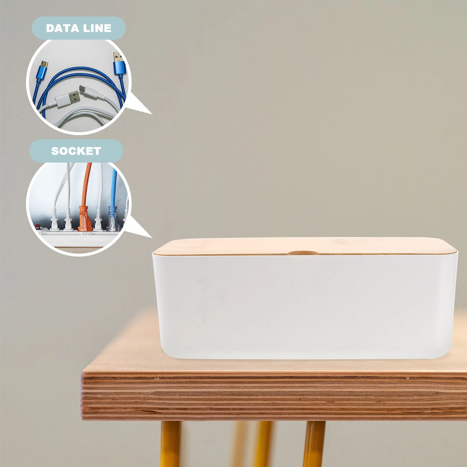 

Белый пластиковый органайзер для кабелей, большой контейнер для хранения удлинителей с деревянной крышкой, бытовой органайзер для проводов и шнуров