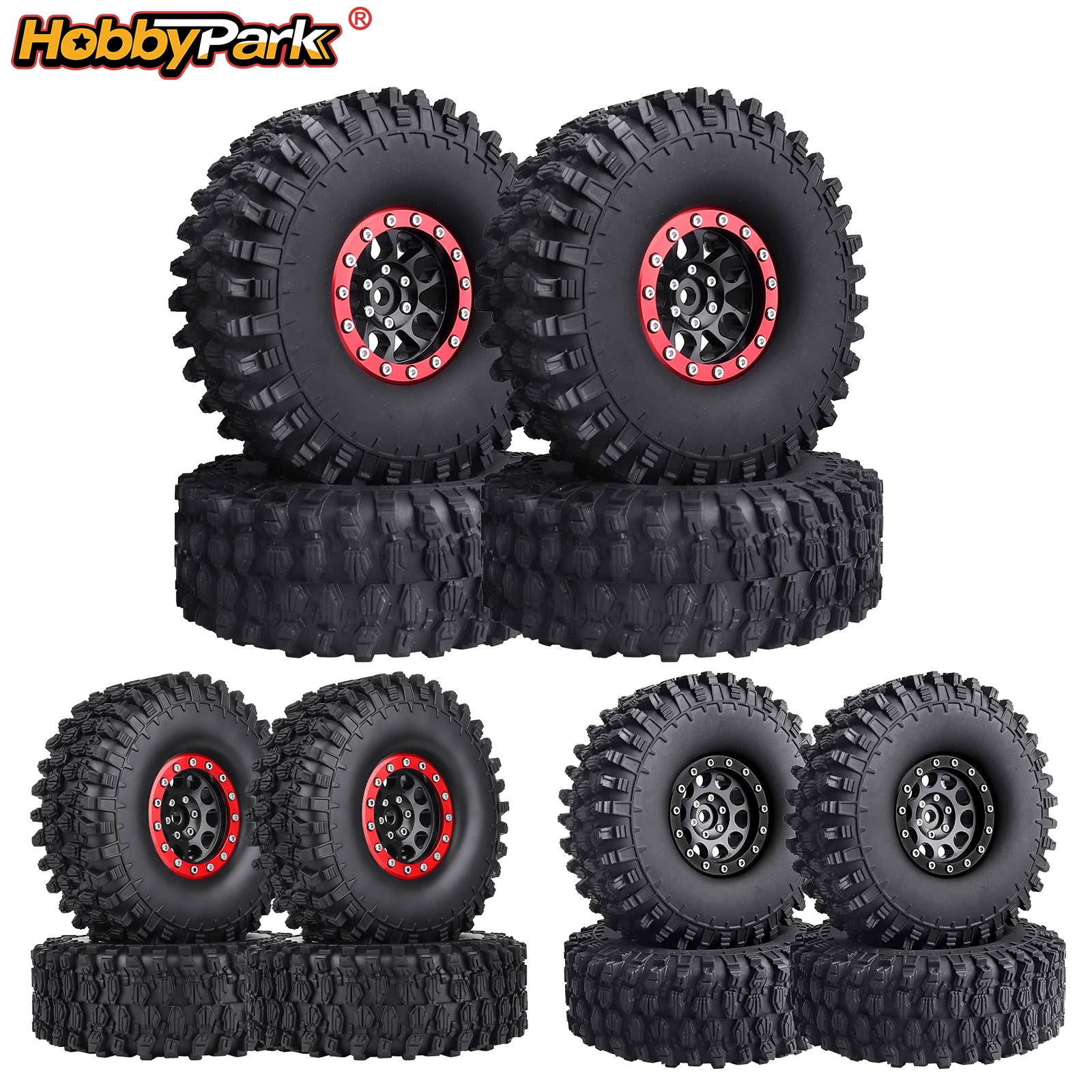 

HobbyPark 1.9 Beadlock Wheels & Tires Soft Grip for 1/10 RC Crawler TRX4 SCX10 Redcat Gen8 Red Rims 4pcs