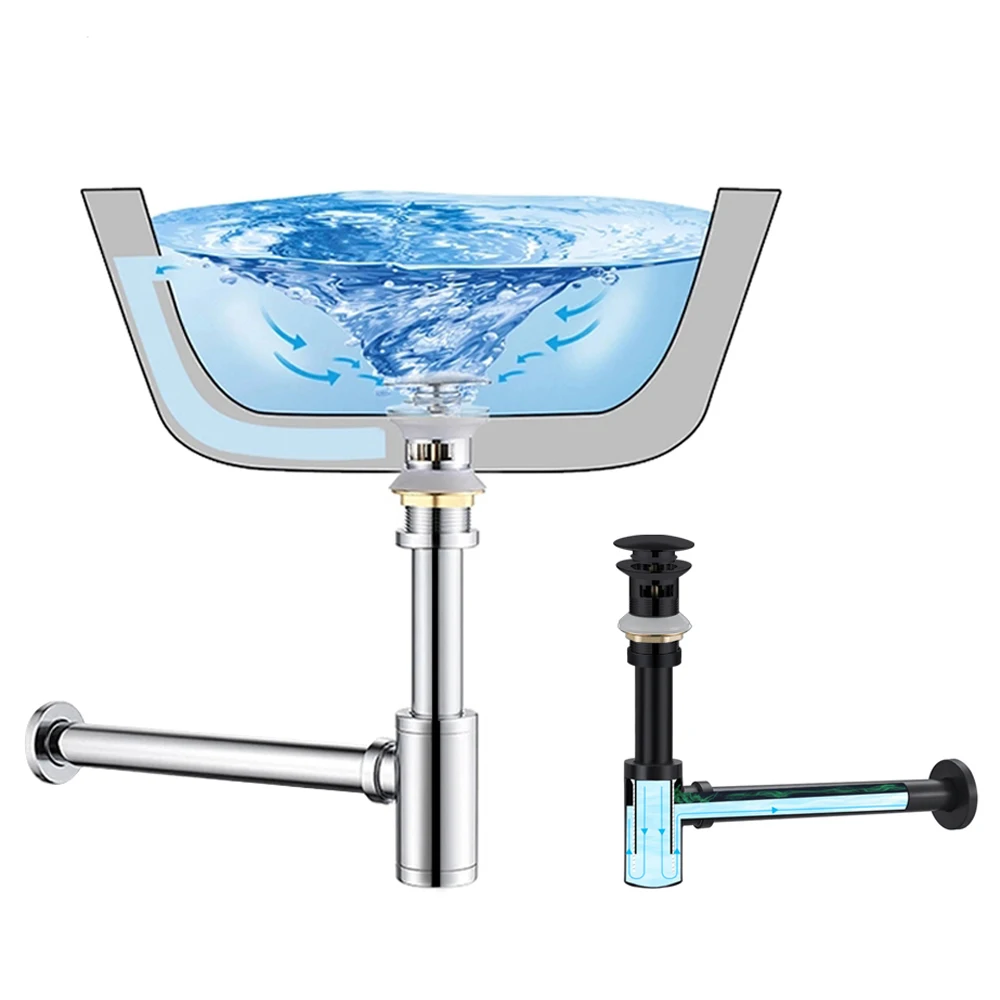 Bassin brossé Bouteille de vidange des déchets Plomberie P-Trap Lavabo de la salle de bains Siphon Vidange Tuyau d'égout Kit Tuyau en laiton de haute qualité Installer le mur