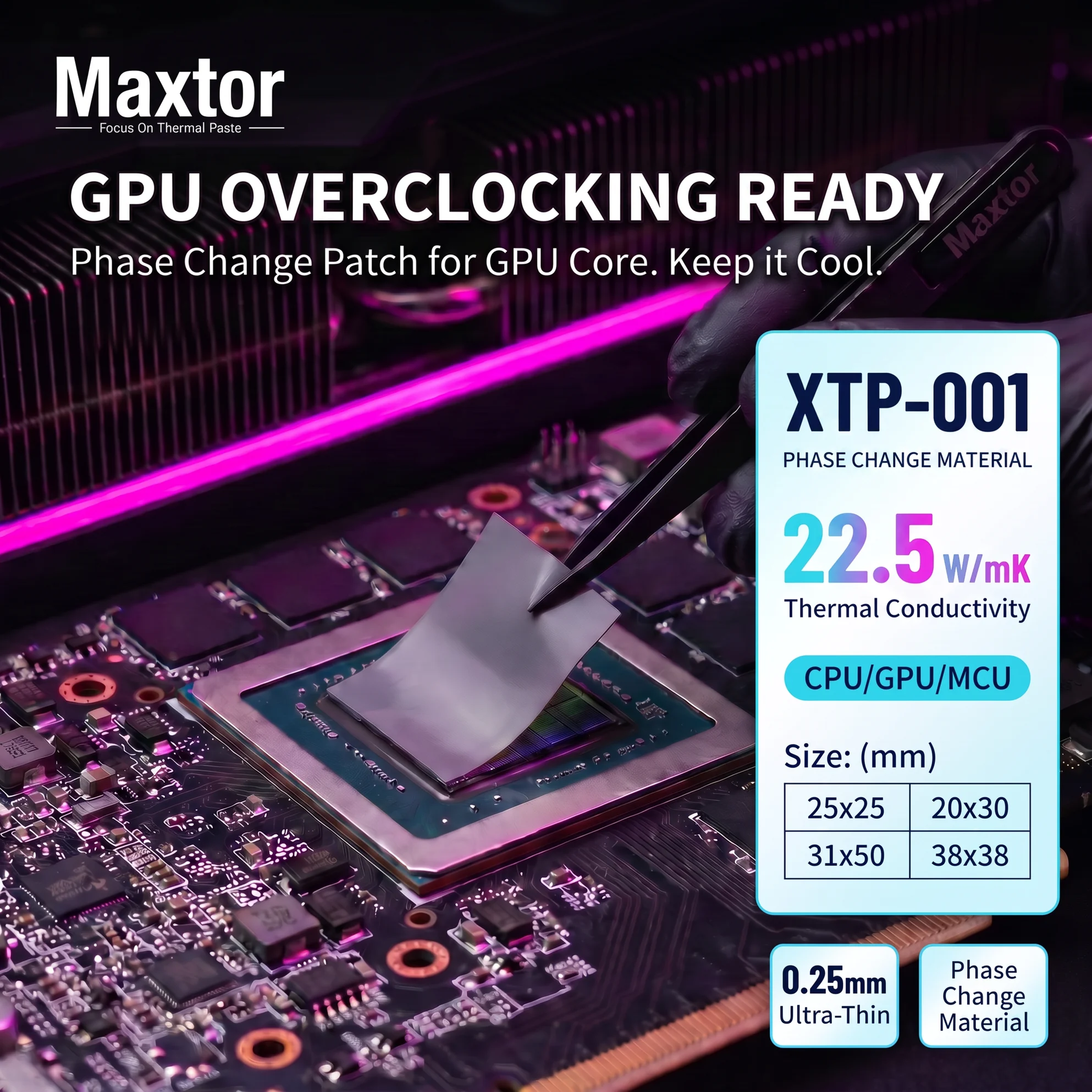 Maxtor 22.5W/mK Phase Change Thermal Pad 0.25mm Heatsink for Laptop PS5 PC Desktop CPU GPU VRAM Processor Cooling