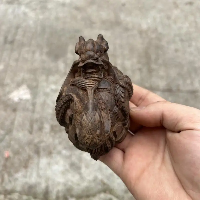 Natural Agarwood Carved Xuanwu Statue Snake Turtle Wood Sculpture Oriental Mythical Statue Home Desktop Decor Craft Ornament