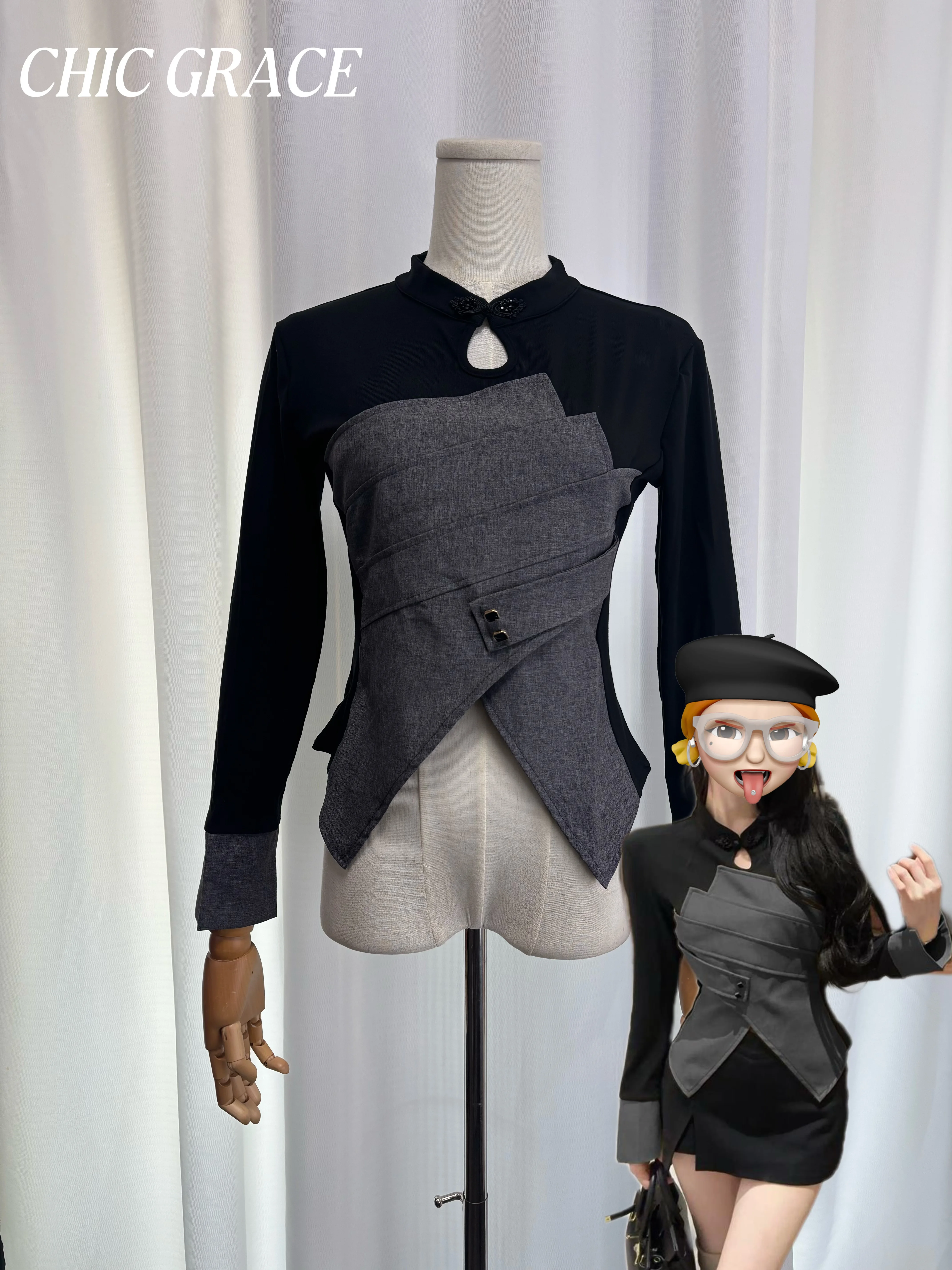 

Real shot Retro Hollow Out Color Block Slit Long Sleeve Top for Women Sexy Elegant Slim Fit Cheongsam Collar Base Layer Shirt Ca