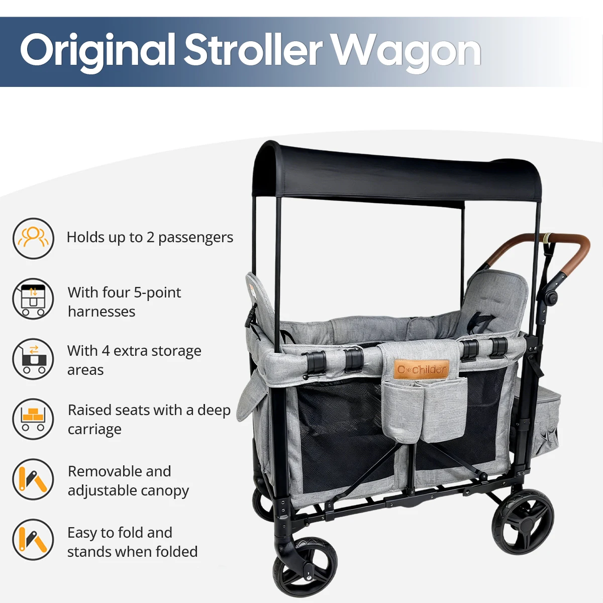 Foldable Baby Stroller 2 Seats，Multi-Function Outdoor Camping Wagon with Removable Canopy，Over 6 Months，Christmas gifts