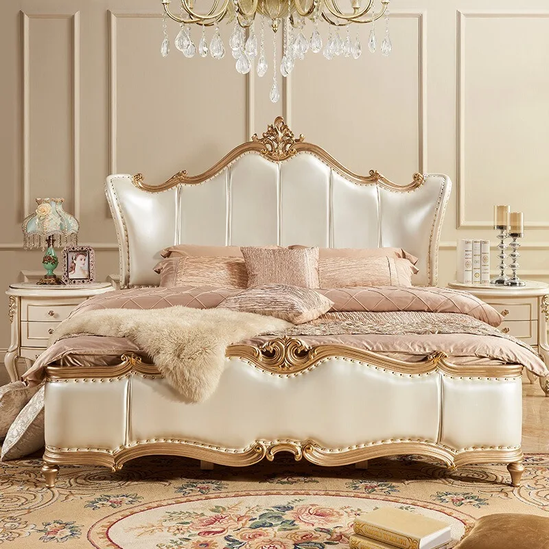 Luxury Bedroom Furniture European Royal Style Leather Bed Champagne Gold 1.8m 1.5m Double Bed Solid Wood Legs