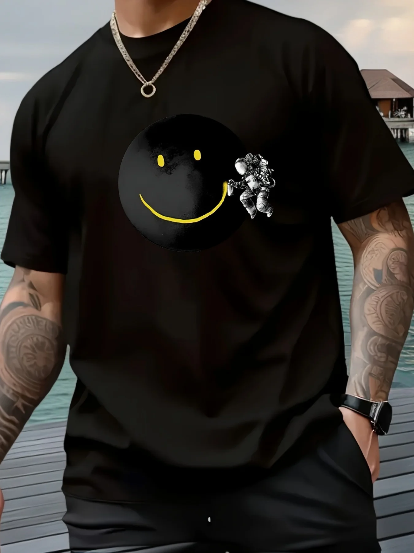 

Men's Summer Cotton T Shirt Casual Crew Neck Short Sleeve Top Knit Fabric 100 Cotton Alphabet Smile Graphic