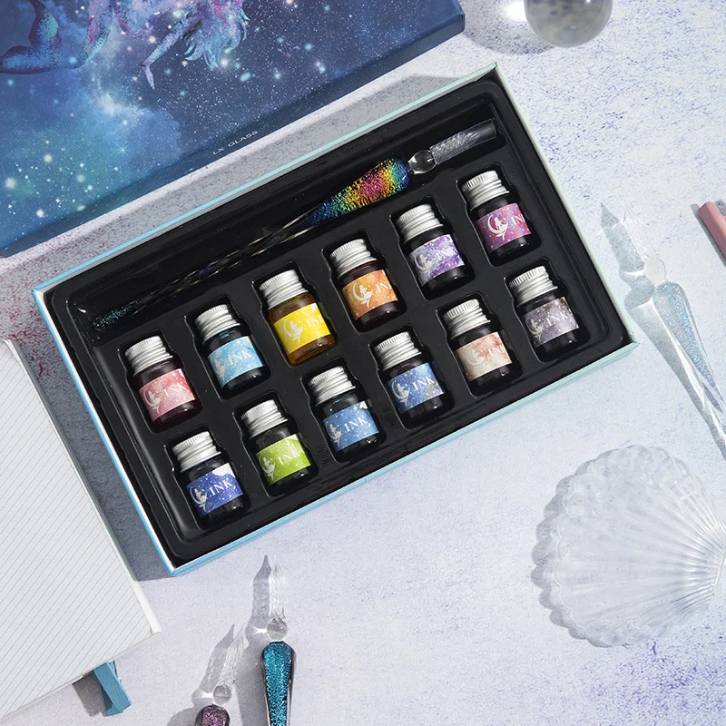 Mermaid Story Glass Dip Pen Ink Set Colorful Powder Colorful Starry Sky Glass Pen Student Crystal Pen Gift