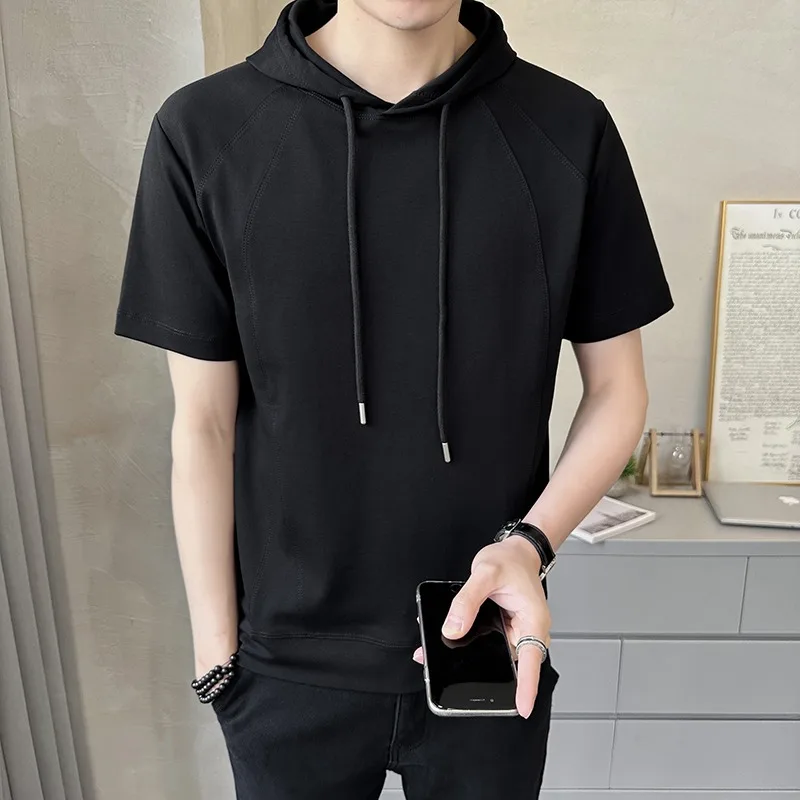 Summer New Versatile Casual Men's Heavyweight Hooded Patchwork Short Sleeved T-shirt Half Sleeved