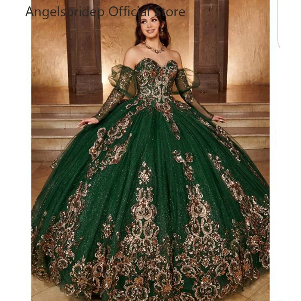 Vestido De baile verde para quinceañera, escote Corazón, mangas 3/4, dulce 16, cuentas, 15