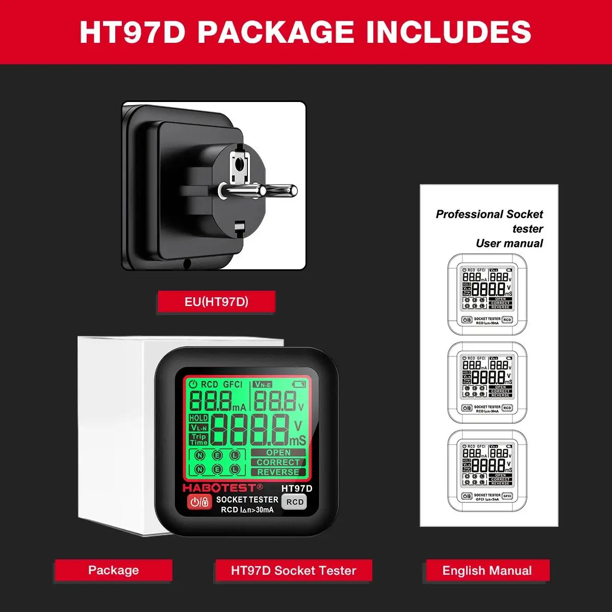 HABOTEST HT97 Digitaler Steckdosentester Intelligenter Spannungsdetektor RCD GFCI Spannungstest EU US UK Stecker Großes Display Steckdosentester – Detail 14