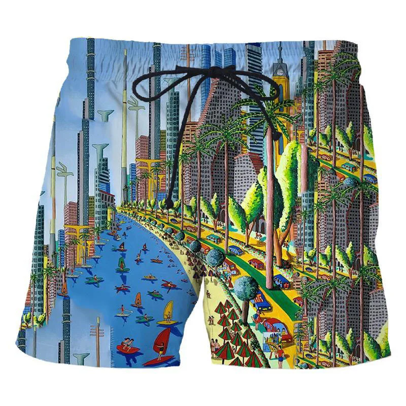 

Modern City Building Houses Short Pants For Men 3d Printed Painting Surf Board Shorts Sports Quick Dry Swimming Trunks Clothes