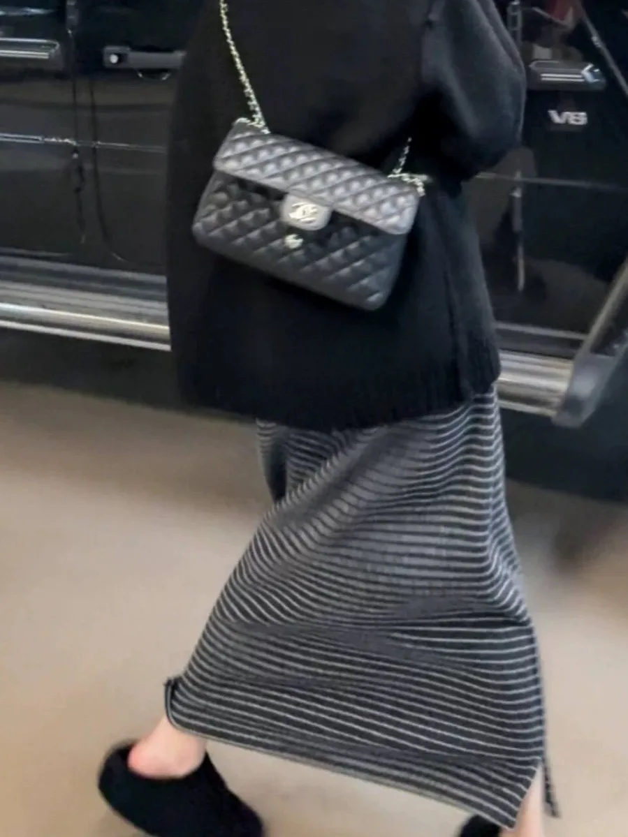 

Корейская женская длинная юбка свободного кроя с контрастными полосками, на флисовой подкладке, утепленная, в форме буквы H, повседневная