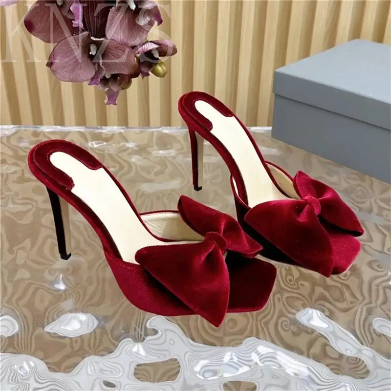 

Summer New Square Toe Fashion Stiletto Slippers Woman Sexy High Heel Concise Bow Knot Decor Open Toe Party Dress Shoe Women 2024