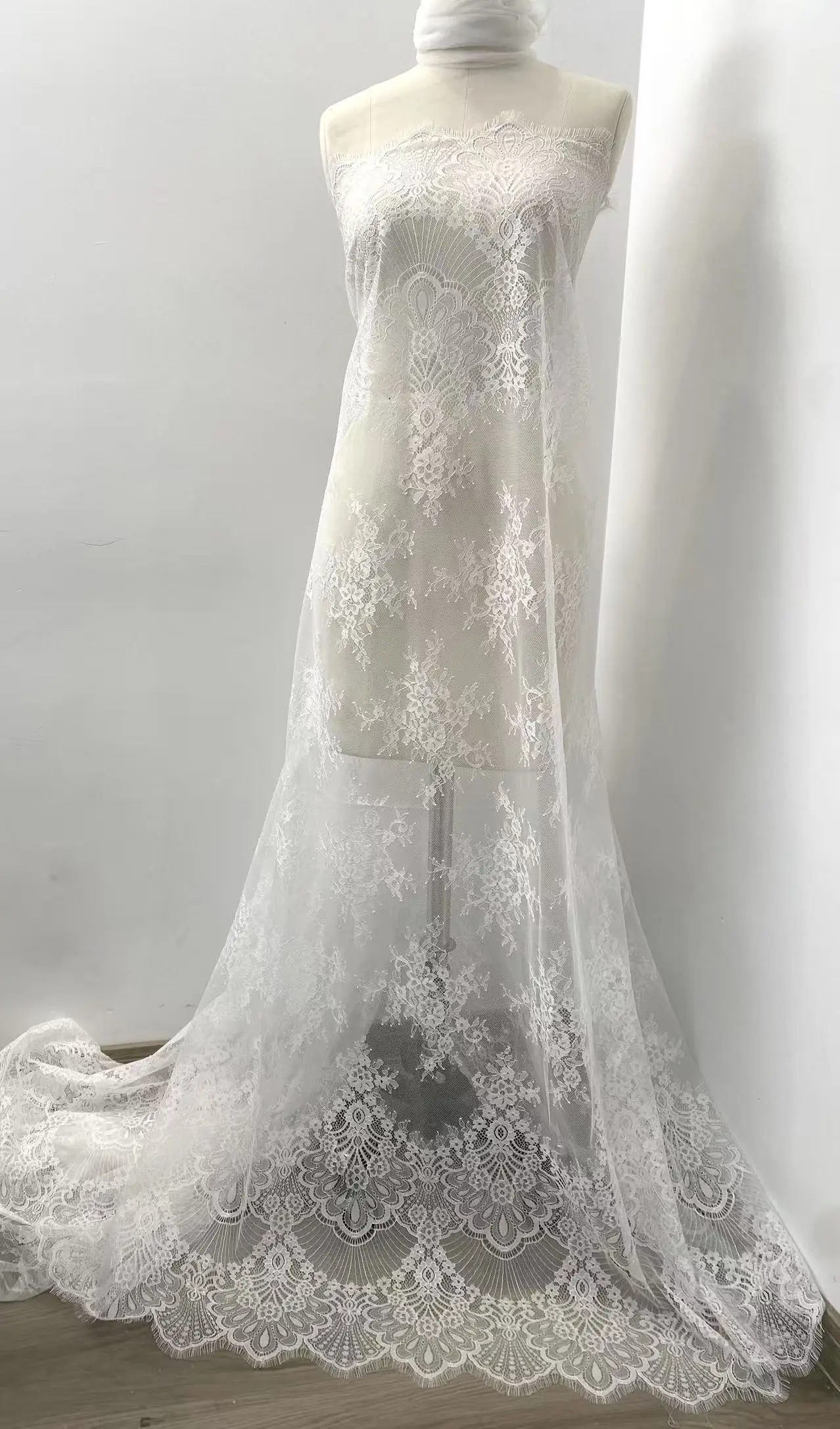 Off White French Lace Fabric, Chantilly Lace with Floral , Bridal Wedding Fabric  Bridal Lace Fabric