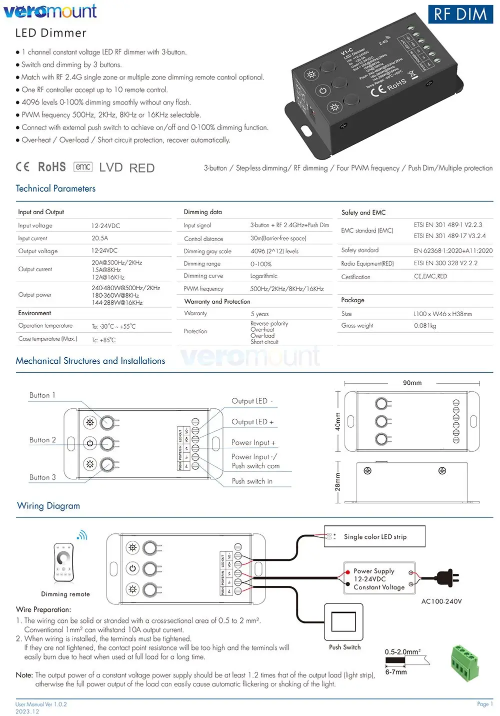 Skydance V1-C LED 조광기, PWM 주파수 조정 가능, 2.4G RF 터치 리모컨, 단색 LED 스트립 조명, 12V, 24V