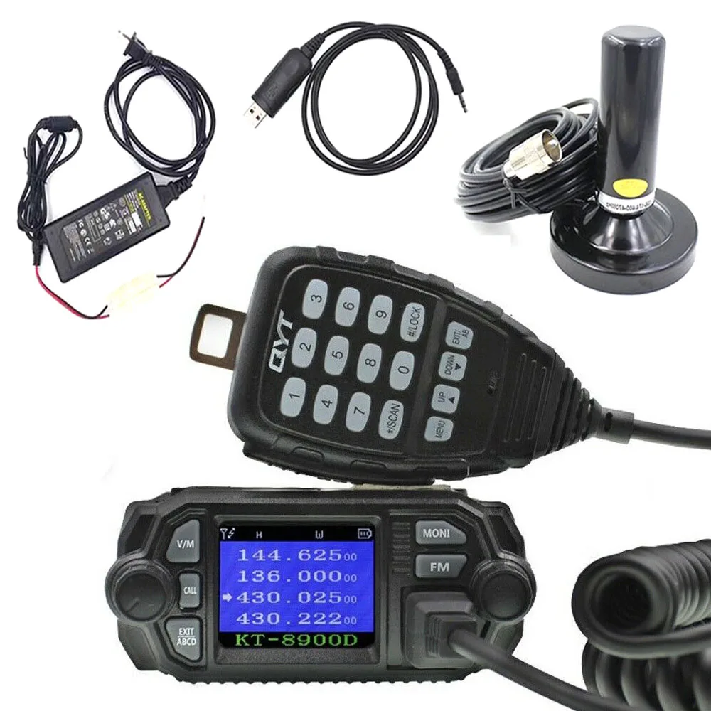 QYT-Mini Mobile Two Way Radio with Antenna, Quad Display FM Transceiver, KT-8900D, 25W, 136-174 & 400-480MHz, KT8900D