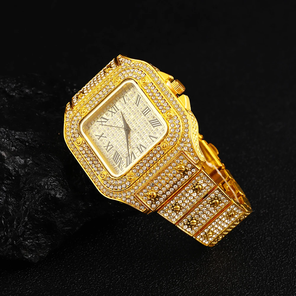 New Punk Men Watch Iced Out Diamond Sparkling Quartz Watches Fashion Hip Hop Classic Silver Color Watch Jewelry Men Women Gift