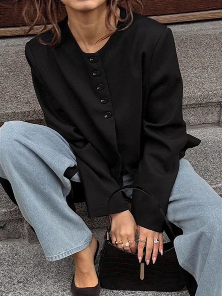 Street Single Breasted Women 's Blazer Coat O-neck Shoulder Pad Full Sleeve Jacket Female 2025 Summer Lady Commute Streetwears