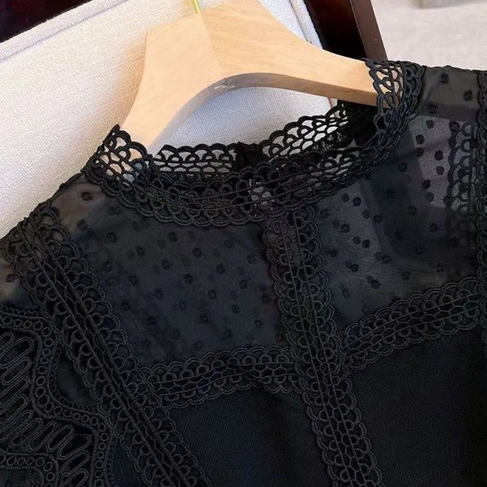 

Модные ажурные шифоновые блузки с тонким кружевом, приталенные, с длинным рукавом, воротником-стойкой, дышащие, женские