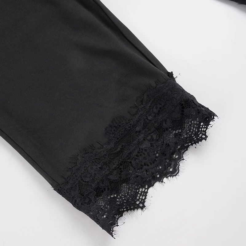SUCHCUTE Schwarze knielange Skinny-Hose für Damen, elastische Taille, Spitzen-Strickhose, Y2k Streetwear, lässige Hose, Grunge Fairycore – Detail 7