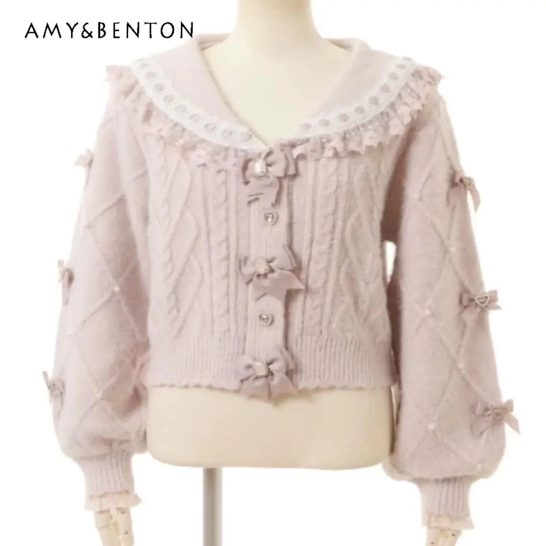 

Liz New Japanese Cute Sailor Collar Mine Sweet Girl Knitted Cardigan Lace Splicing Lapel Bow Lantern Sleeve Cropped Cardigan