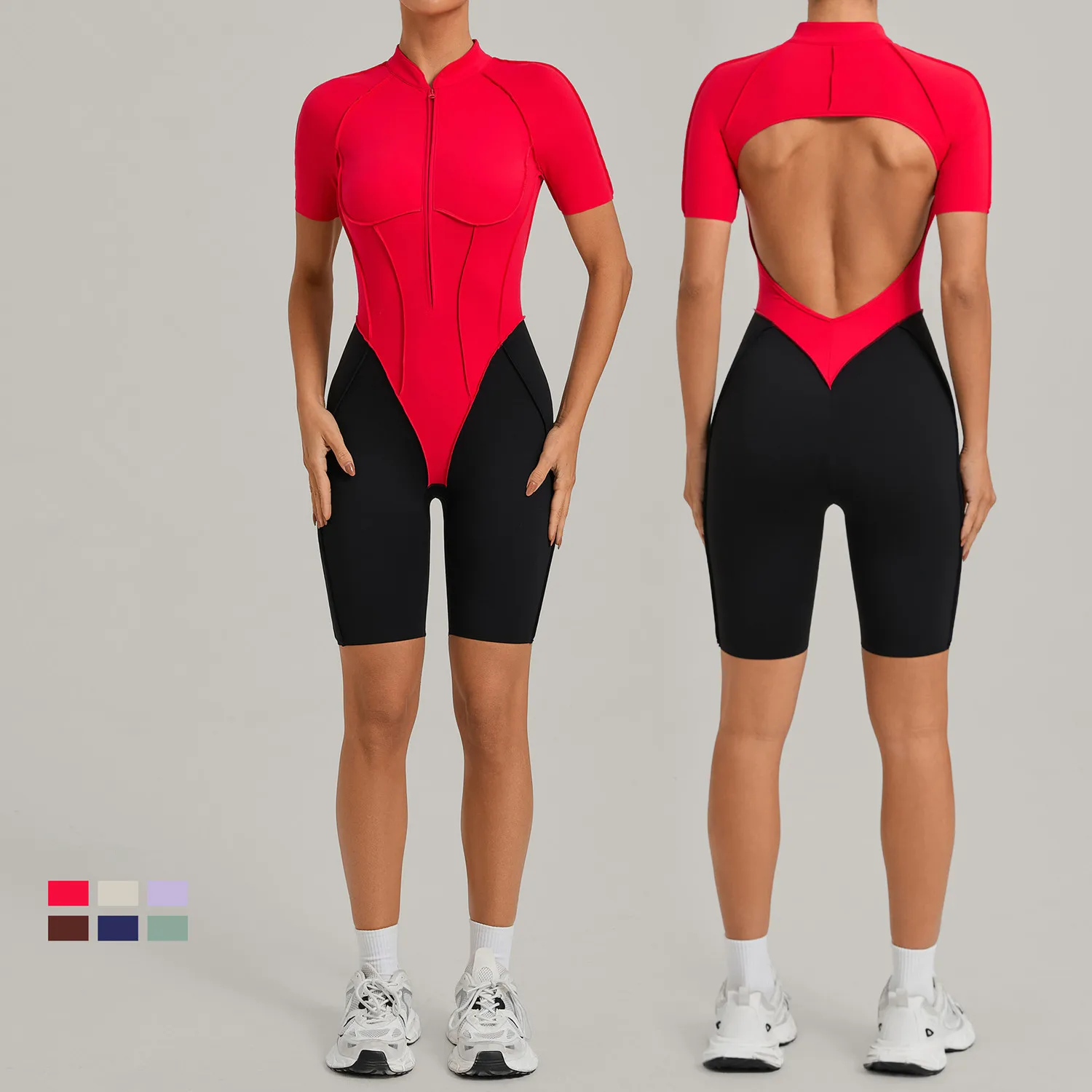Women's Yoga Set Jumpsuit Tight Half Zipper Sports Shorts Fitness One-piece Jumpsuit Running Workout Gym Legging Bodysuit XP84