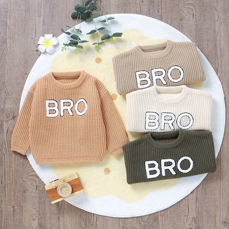 

SUNSIOM 0-3 Years Toddler Boy Fall Sweater Letter Embroidery Long Sleeve Round Neck Chunky Knitwear Pullover