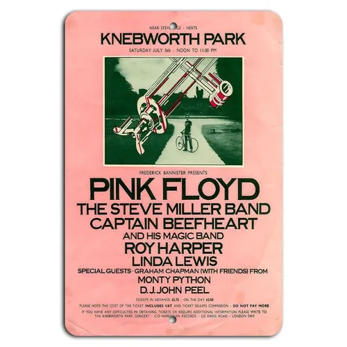 Letrero metálico de aluminio del concierto Pink Knebworth Park 1975